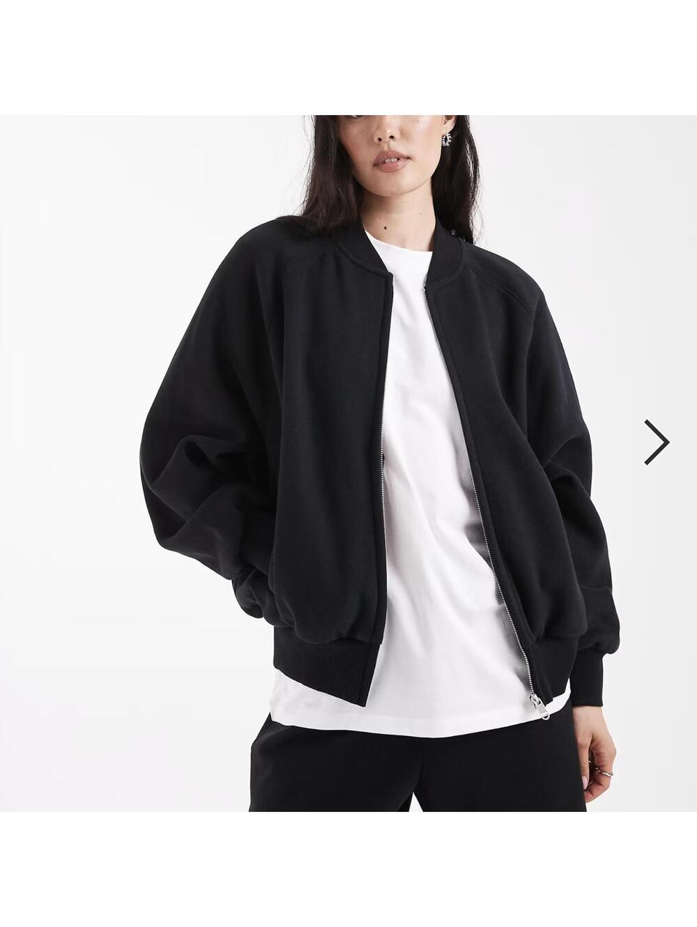 ASOS Black 100% Cotton Fleece Full-Zip Bomber Jacket Size 8 Streetwear Casual